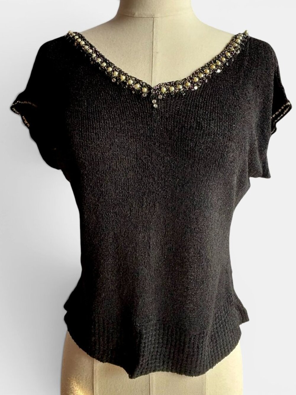 Vintage 1950s Rockabilly Black Rayon Boucle V Neck Beaded Sweater Girl Top